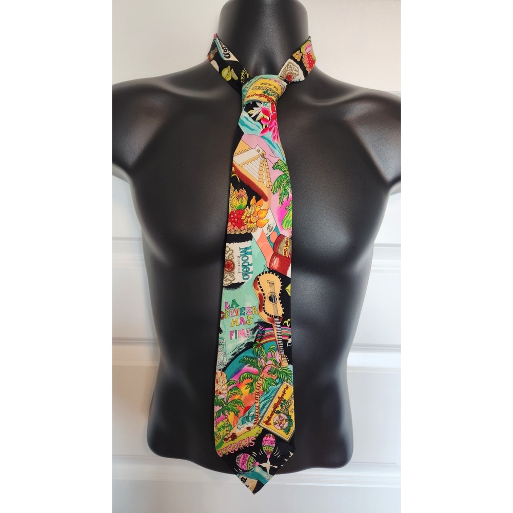 Vintage NICOLE MILLER 1991 Silk Tie Mexico Cerveza Beer Modelo Fiesta Hand Sewn - Picture 3 of 13